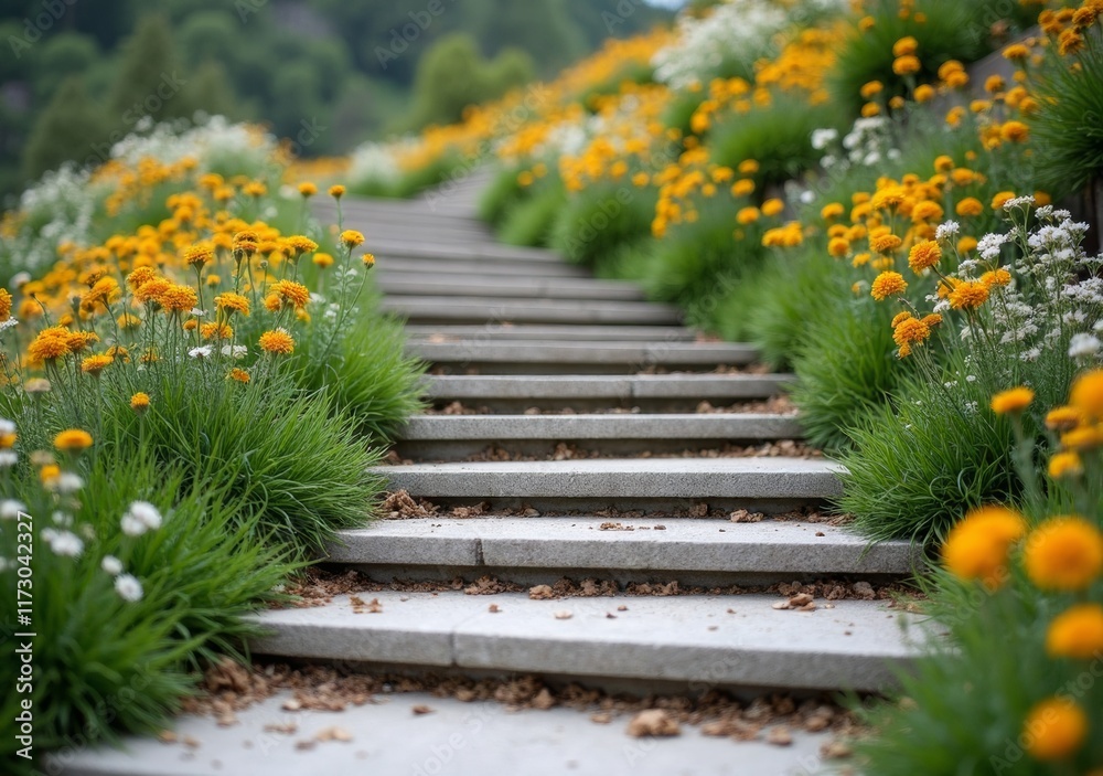 Wall mural Colorful flower pathway leads to serene garden in a sunny, peaceful afternoon