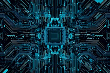 Abstract close-up of a glowing blue digital circuit board, showcasing intricate connections and technological design on a black background.
