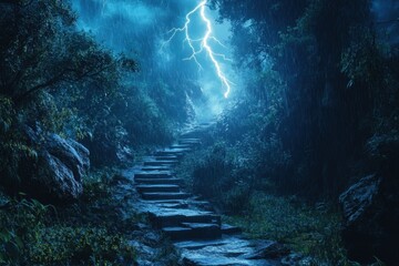 Obraz premium Stormy Night Jungle Stairway Ascending Towards Lightning