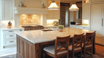 A modern kitchen featuring a spacious island and elegant lighting.