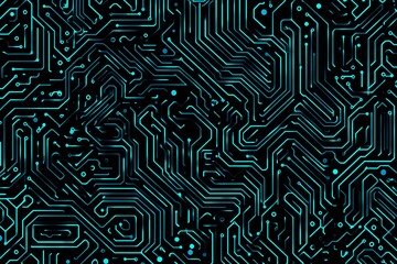Abstract close-up of a glowing blue digital circuit board, showcasing intricate connections and technological design on a black background.
