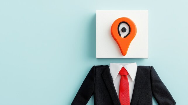 A stylized figure in a suit with a location pin for a head, symbolizing navigation or locating services.