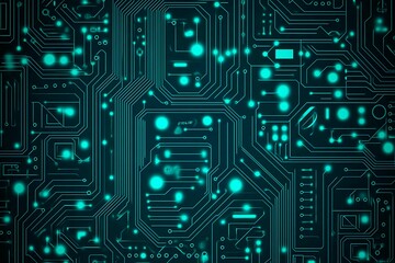 Abstract close-up of a glowing blue digital circuit board, showcasing intricate connections and technological design on a black background.
