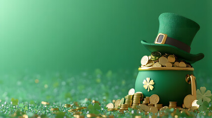 Festive St. Patrick's Day concept featuring a green pot filled with gold coins, a leprechaun hat, and shamrocks against a vibrant green background. Ideal for holiday promotions.