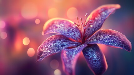 Close-up of a vibrant purple and red lily with dew drops, bokeh background.
