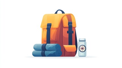 Fototapeta premium Backpack, sleeping bag, water bottle, and compass for adventure.