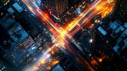 Obraz premium Captivating Nighttime Bird's-Eye View of a Vibrant City with Headlights and Taillights Forming Light Trails.