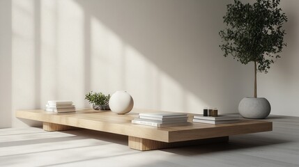 Bright and modern living room with a minimalist wooden coffee table, arranged with books and greenery, leaving space for product displays.