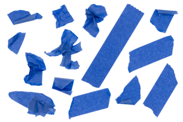 Several pieces of blue painter’s tape in PNG format with a transparent background. Ideal for use in graphic design projects, or as elements in creative compositions.