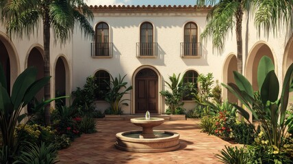 Naklejka premium Serene Mediterranean Courtyard Sunlit Patio with Fountain Lush Greenery and Spanish Architecture