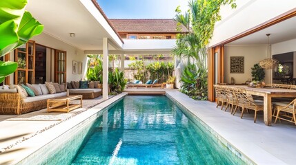 Bright and modern villa interior with elegant decor, a poolside view, and lush greenery creating a serene atmosphere