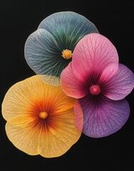 Bright circular floral elements showcase vibrant colors against dark background