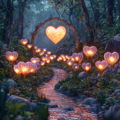 Glowing heart path in enchanted forest with heart archway and stream at twilight
