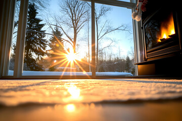 Cozy winter sunset view from inside a home, warm fireplace glow reflecting on snowy floor. Ideal for home, winter, or holiday themes