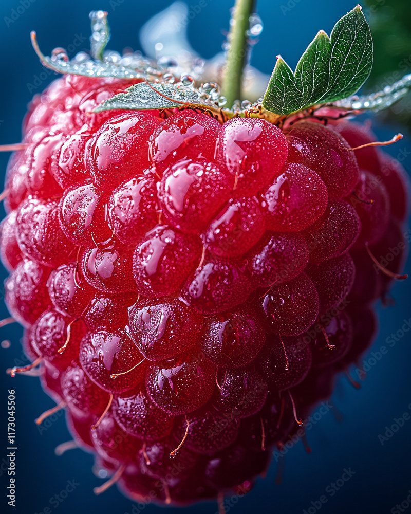 Poster Close-up of a single raspberry with tiny details of the druplets in sharp focus,