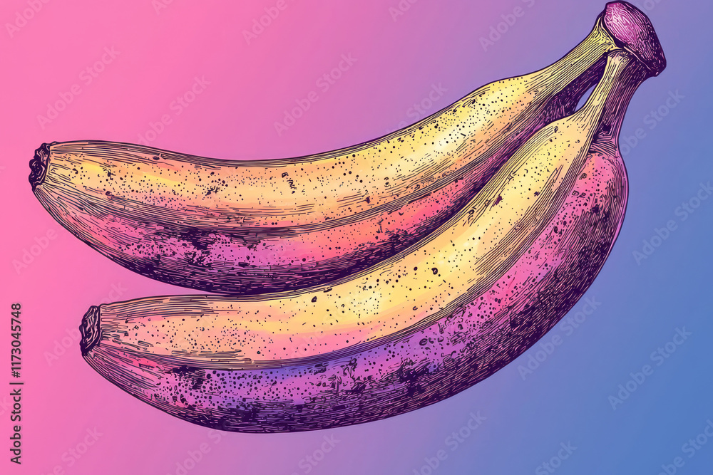 Poster minimal line art illustration of a banana peel floating on a soft pastel gradient,