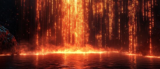Mesmerizing Fiery Waterfall Backdrop with Sparks and Glowing Energy   A breathtaking digital showcasing a dramatic fantastical scene of a cascading waterfall of fire and light