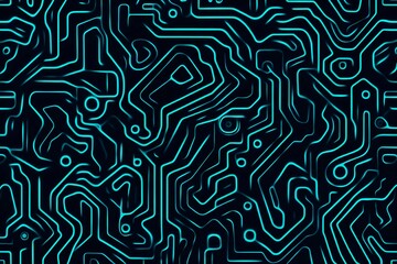 Abstract close-up of a glowing blue digital circuit board, showcasing intricate connections and technological design on a black background.
