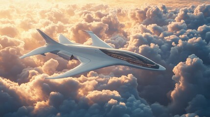 Illustration of an innovative hybrid electric passenger aircraft in flight surrounded by clouds showcasing the future of sustainable air travel