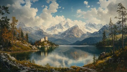 Fototapeta premium Majestic Alpine Vista with Castle, A serene lake reflects towering snow-capped mountains beneath a cloudy sky, showcasing a charming castle nestled on the shore,