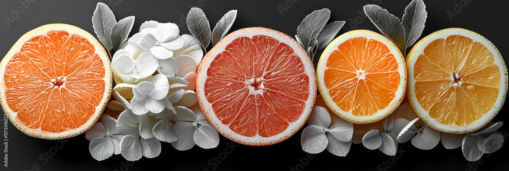 Poster Grayscale concept of assorted fruit outlines against a solid background, focusing on shape and form,