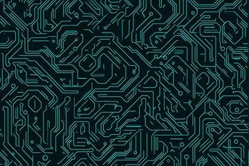 Abstract close-up of a glowing blue digital circuit board, showcasing intricate connections and technological design on a black background.
