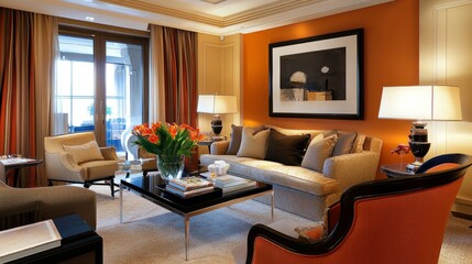 Chic living room with an elegant heater, designer chairs, and a warm color palette blending comfort and modern aesthetics.