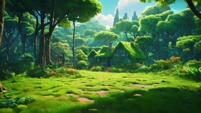 A cartoon-style green park blending dense, magical forest, small cottage visible background birds flying overhead, 2D flat anime-style, 4k High-Quality background animation video