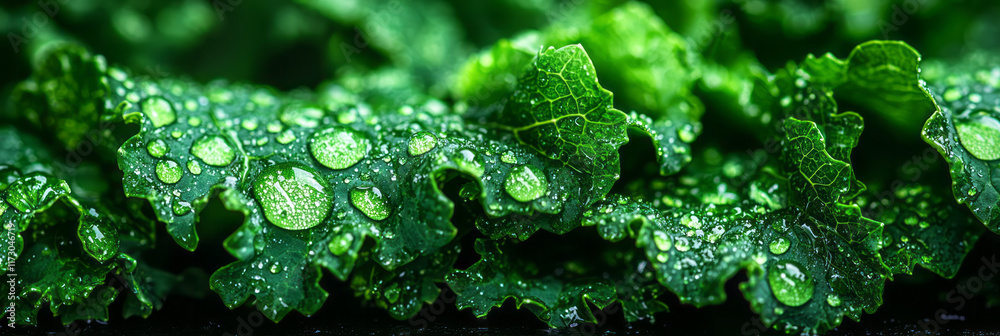 Poster macro photo of water droplets on kale leaves, highlighting the intricate texture under soft lighting