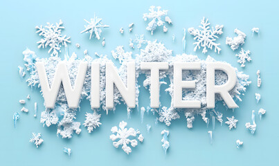 Winter Text with Snow and Snowflakes on Blue Background