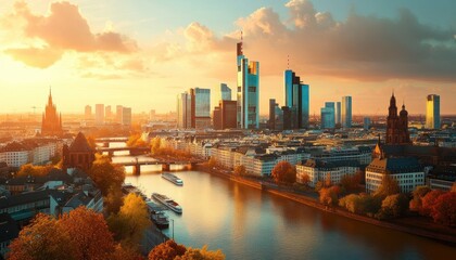 Obraz premium Golden Hour over Frankfurt, A stunning skyline panorama featuring modern skyscrapers and historic cathedrals, bathed in warm autumnal hues along the Main River,