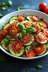 Spiralized zucchini noodles in a white bowl, garnished with cherry tomatoes and basil leaves,