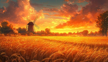 Fototapeta premium Golden Hour Symphony, A Dutch Windmill Silhouetted Against a Fiery Sunset Over a Vast Field of Ripened Wheat, with Birds in Flight
