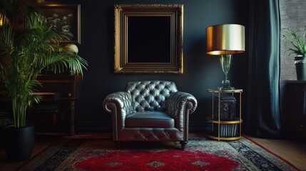 Elegant vintage chair in a stylish interior with golden lamp and green plants. Perfect for luxury home decor and design inspiration.