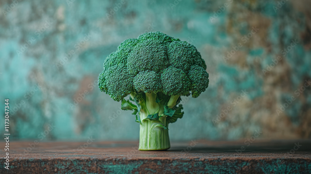 Poster Minimalist composition featuring a single broccoli floret balanced on a contrasting color block,