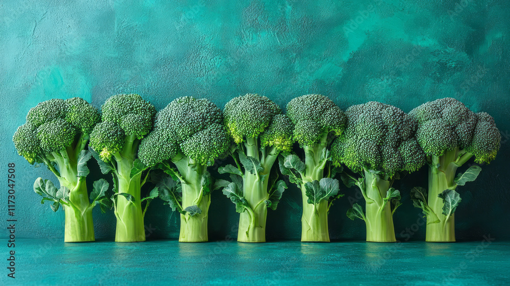 Poster Minimalist composition featuring a single broccoli floret balanced on a contrasting color block,