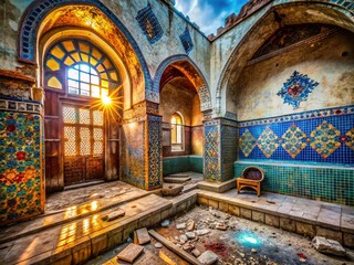 Obraz premium Abandoned Turkish Bathhouse, Crumbling Walls, Autumnal Light, Urban Exploration Photography