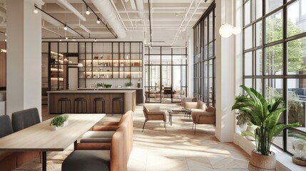 Fototapeta premium Clean and modern living room and kitchen with an open-concept design, featuring glass doors and a warm, sunlit atmosphere