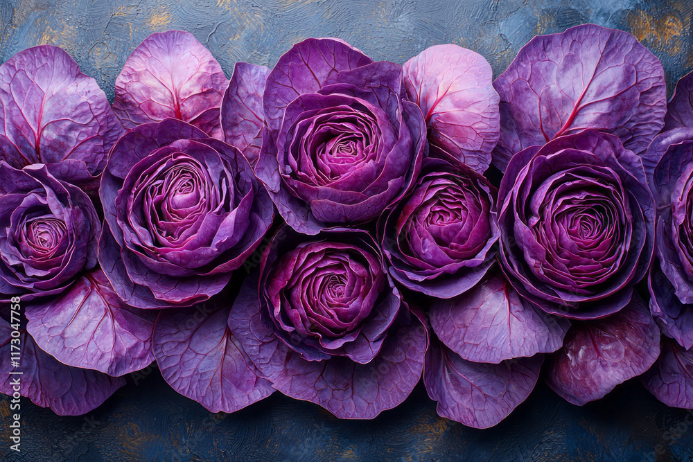 Poster vibrant red cabbage slices arranged in a floral pattern, showcasing intricate layers,