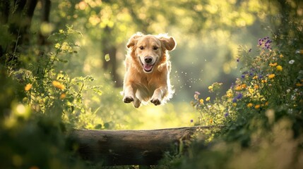 A joyful golden retriever leaps over a log in a sunny forest filled with lush greenery and colorful flowers.