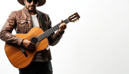 A stylish musician with a brown hat and jacket plays a classical guitar against a clean white backdrop, evoking a sense of sophisticated performance and artistic focus,