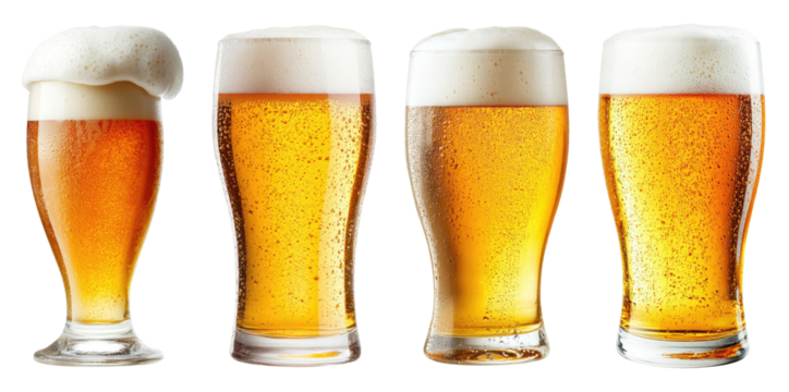 Glass beer mugs with foam isolated on transparent background
