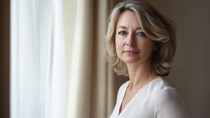 A professional woman with a focused look, standing near a window with soft natural lighting streaming in, reflecting determination