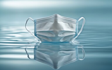 Disposable face mask floating on water.