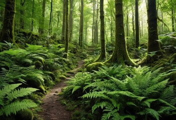 Naklejka premium Lush green forest path surrounded by ferns and moss-covered trees.