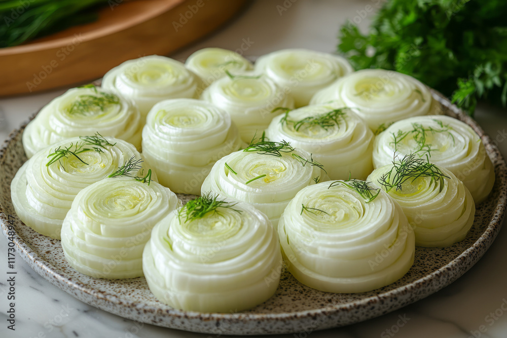 Aufkleber high-angle composition of thinly sliced fennel arranged in concentric circles on a marble plate,