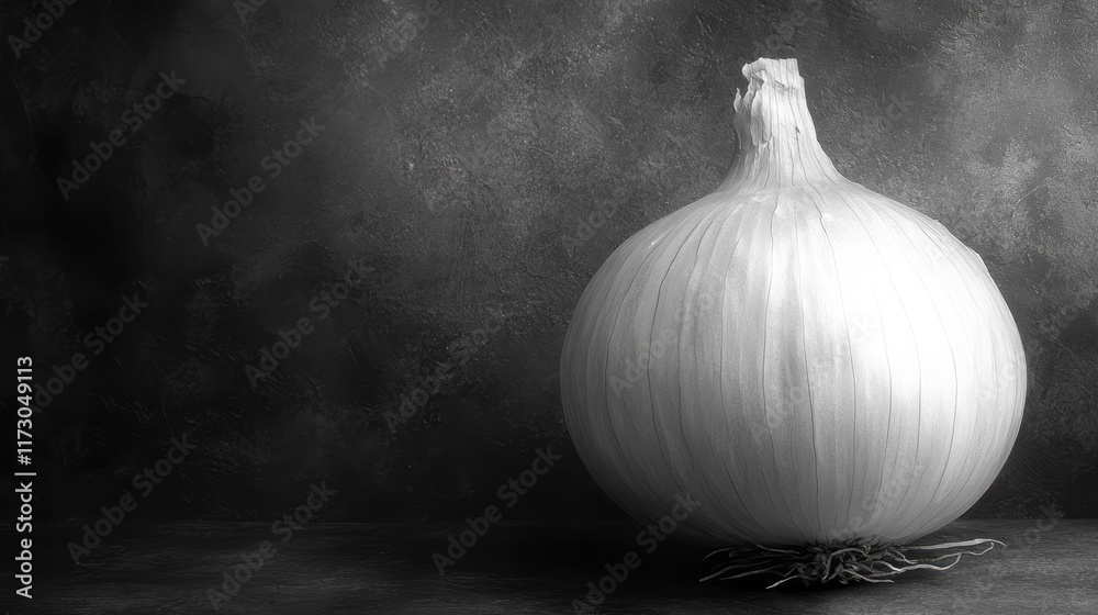 Poster monochrome concept of a peeled onion against a dark background, emphasizing shape and shadow,
