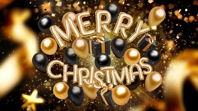 Decorative inflated foil balloon 2025 merry christmas font, confetti falling