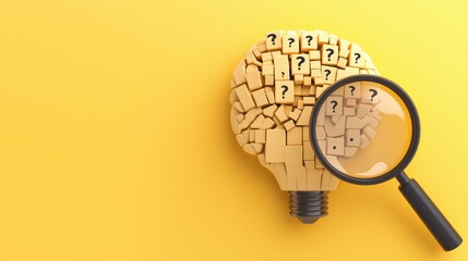A light bulb made of wooden blocks with question marks, under a magnifying glass, symbolizes inquiry and discovery against a bright yellow background.