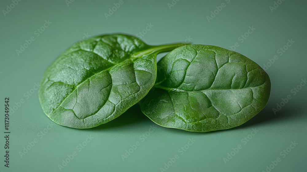 Poster single spinach leaf in macro, showing delicate veins and textures in bright natural light,